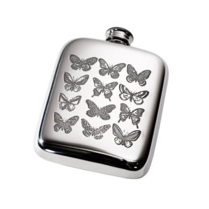 Personalized 4 oz Butterfly Pewter Pocket Hip Flask