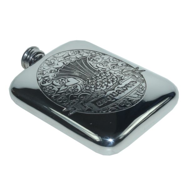 Personalized 6 oz Usquabae Thistle Skull and Hearts Pewter Hip Flask