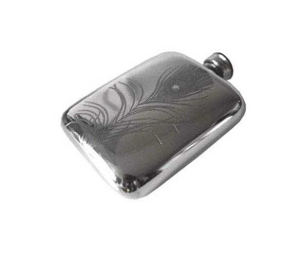 Pewter V&A Peacock Feather Engraved Hip Flask with Free Engraving