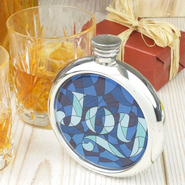 Personalized Stained Glass Joy Picture Hip Flask with Presentation Box