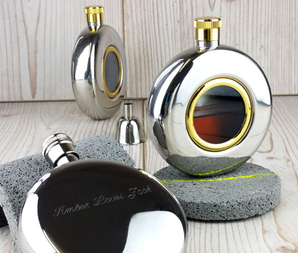 FREE ENGRAVING Round Window Engraved Hip Flask with Presentation Box.
